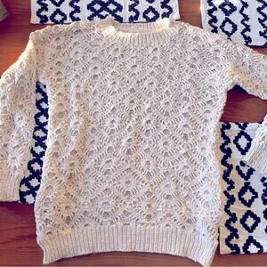 Fisherman Coastal Listicle Open Knit Cozy Cream Sweater Pockets size small S